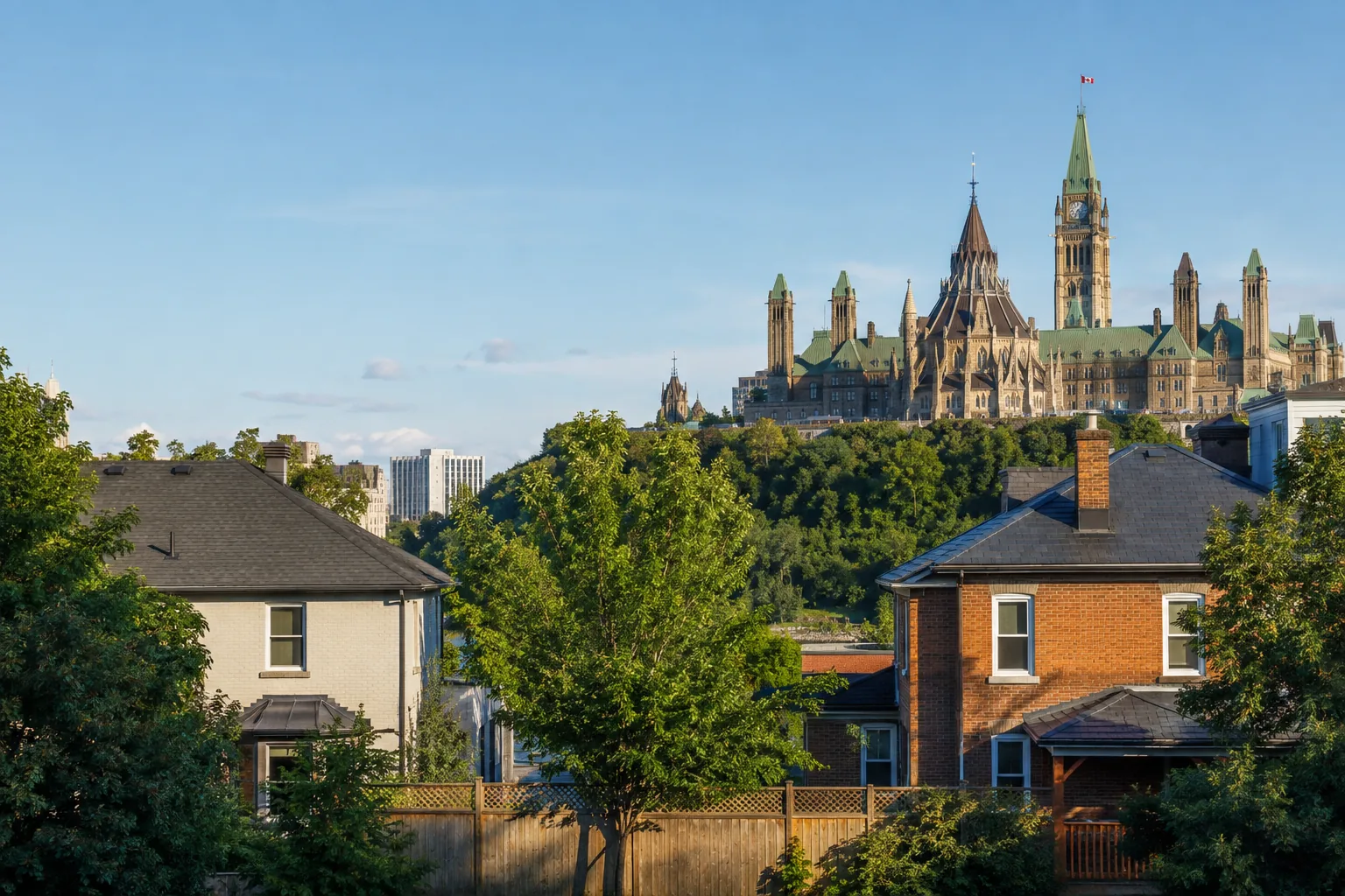Ottawa bylaw complaint guide showing neighbouring homes, a shared fence and boundary tree