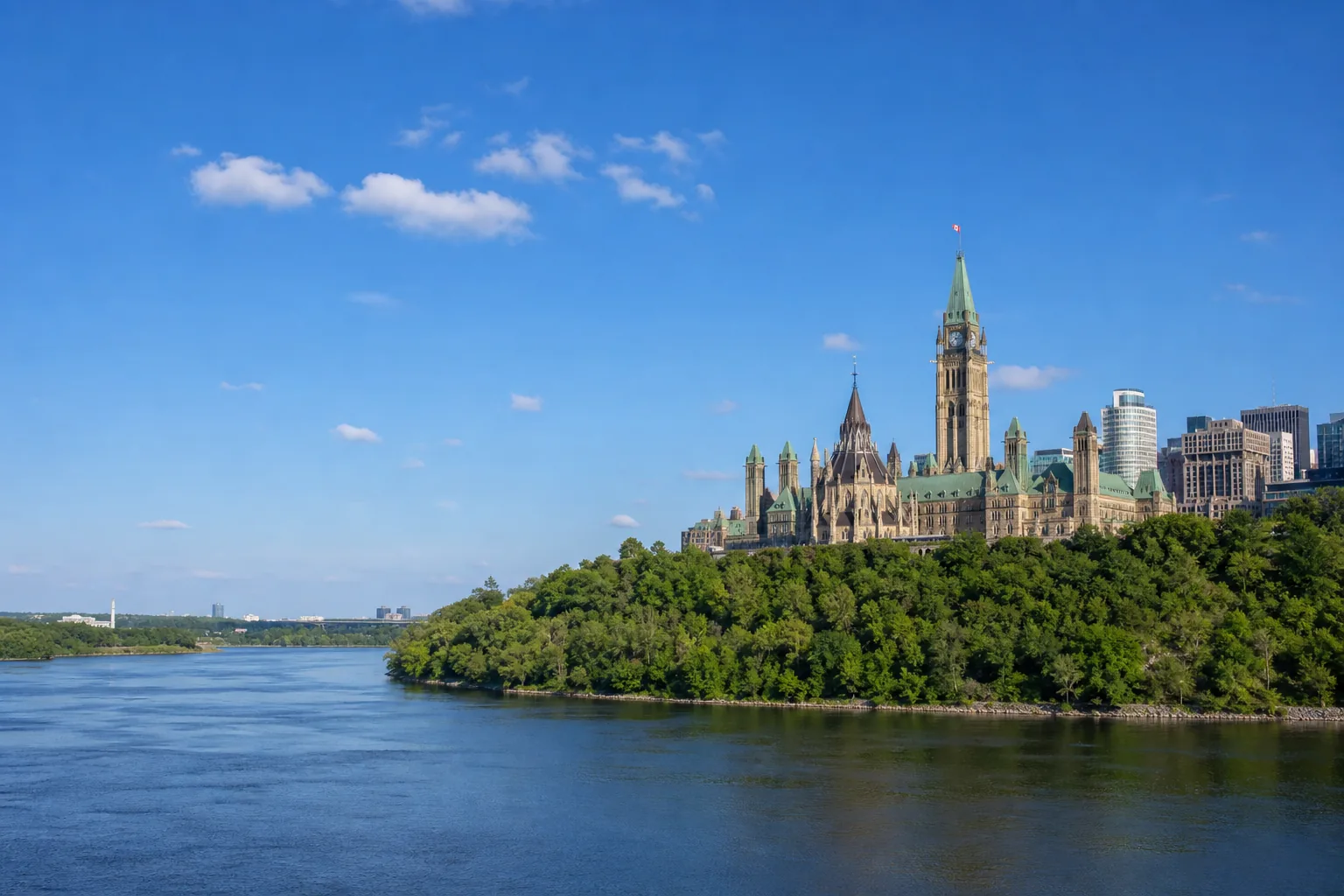 Why Canadians use a mortgage broker, shown by Parliament Hill and the Ottawa River on a clear summer day
