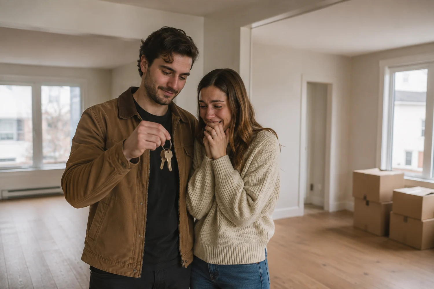 A happy Ottawa couple holding their new house keys after Nick's four step mortgage process finished three weeks before closing