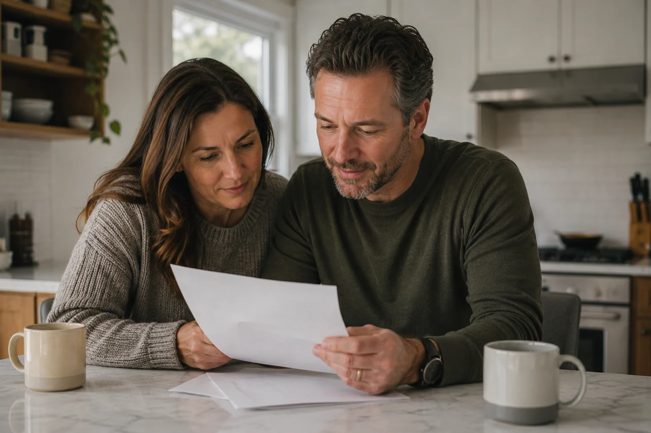 A reassured Ottawa couple reviewing their mortgage paperwork calmly at home