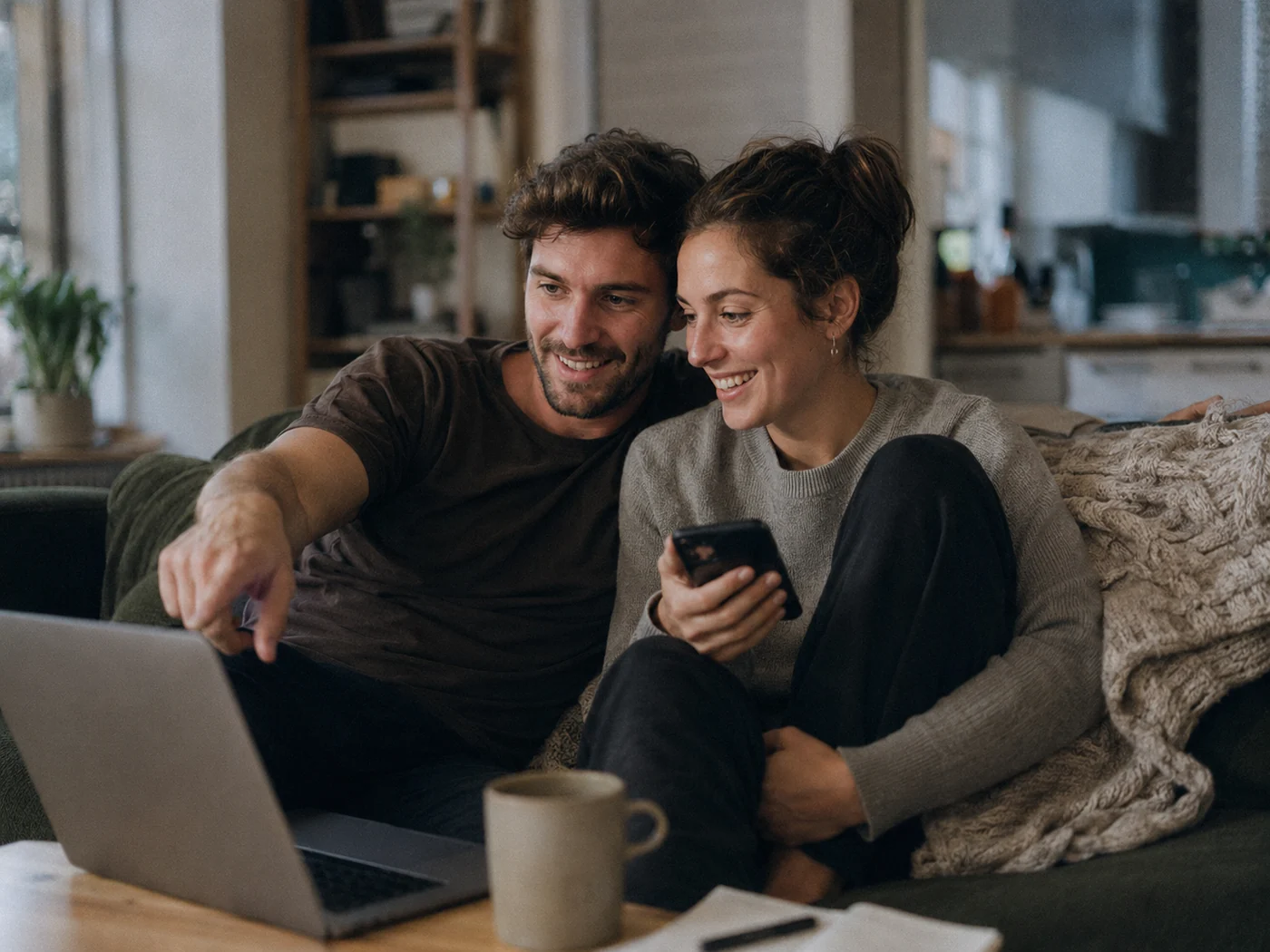Ottawa first-time buyers planning their home budget and down payment on the couch