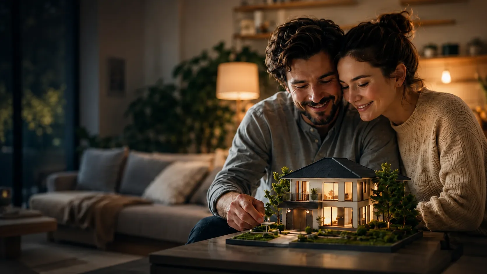 A happy Ottawa couple smiling at a glowing model of their dream home in their living room
