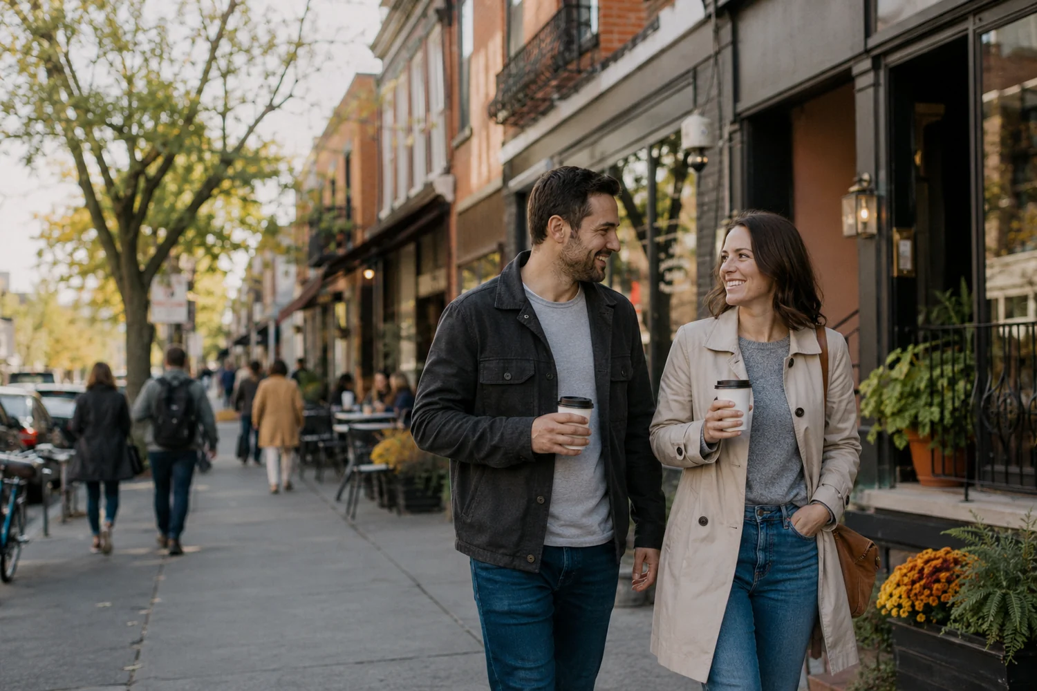 Couple walking a Hintonburg main street served by a local mortgage agent in central Ottawa