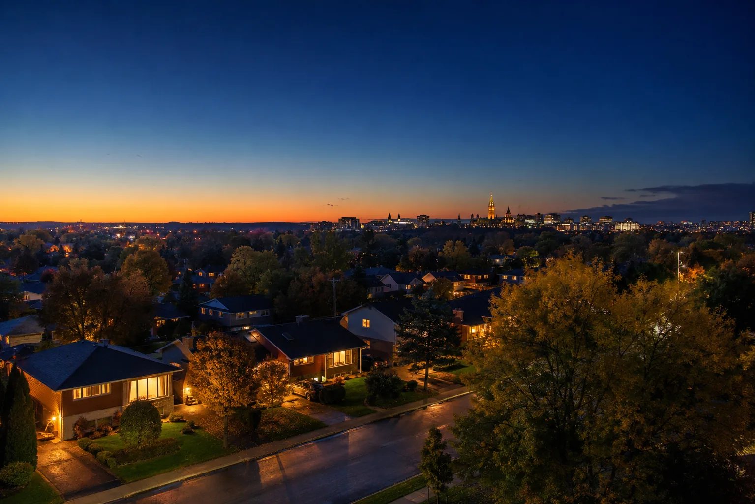 Nepean rooftops at dusk with the Ottawa skyline beyond, the west Ottawa area this mortgage agent serves