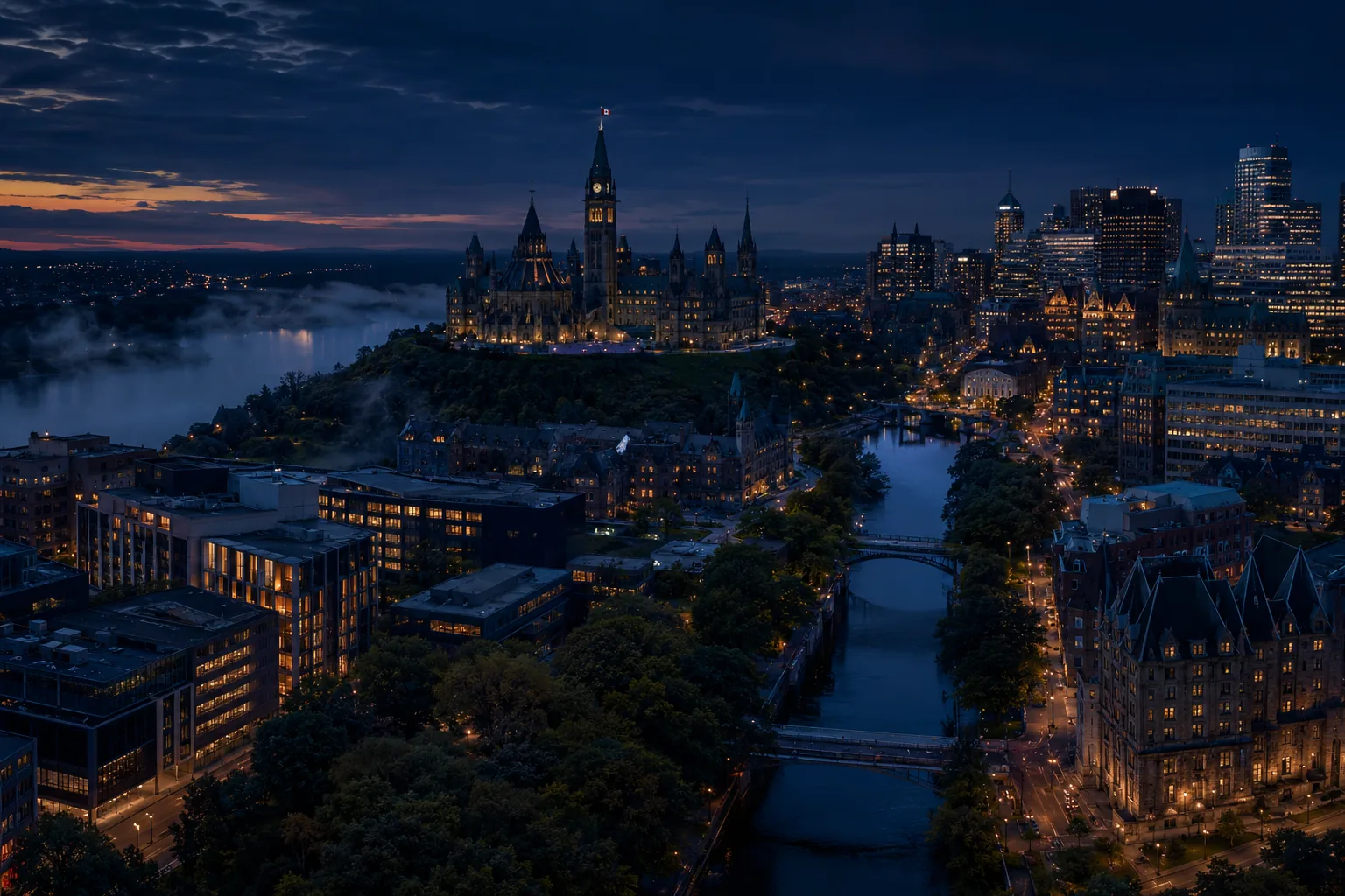 Ottawa city skyline at dusk, the market that sets mortgage rates in Ottawa