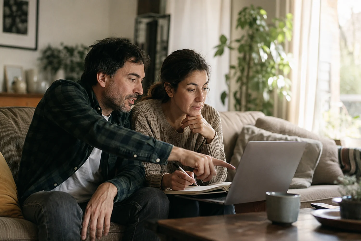 Ottawa homeowners comparing mortgage renewal rate options on a laptop, weighing staying with their bank against switching lenders