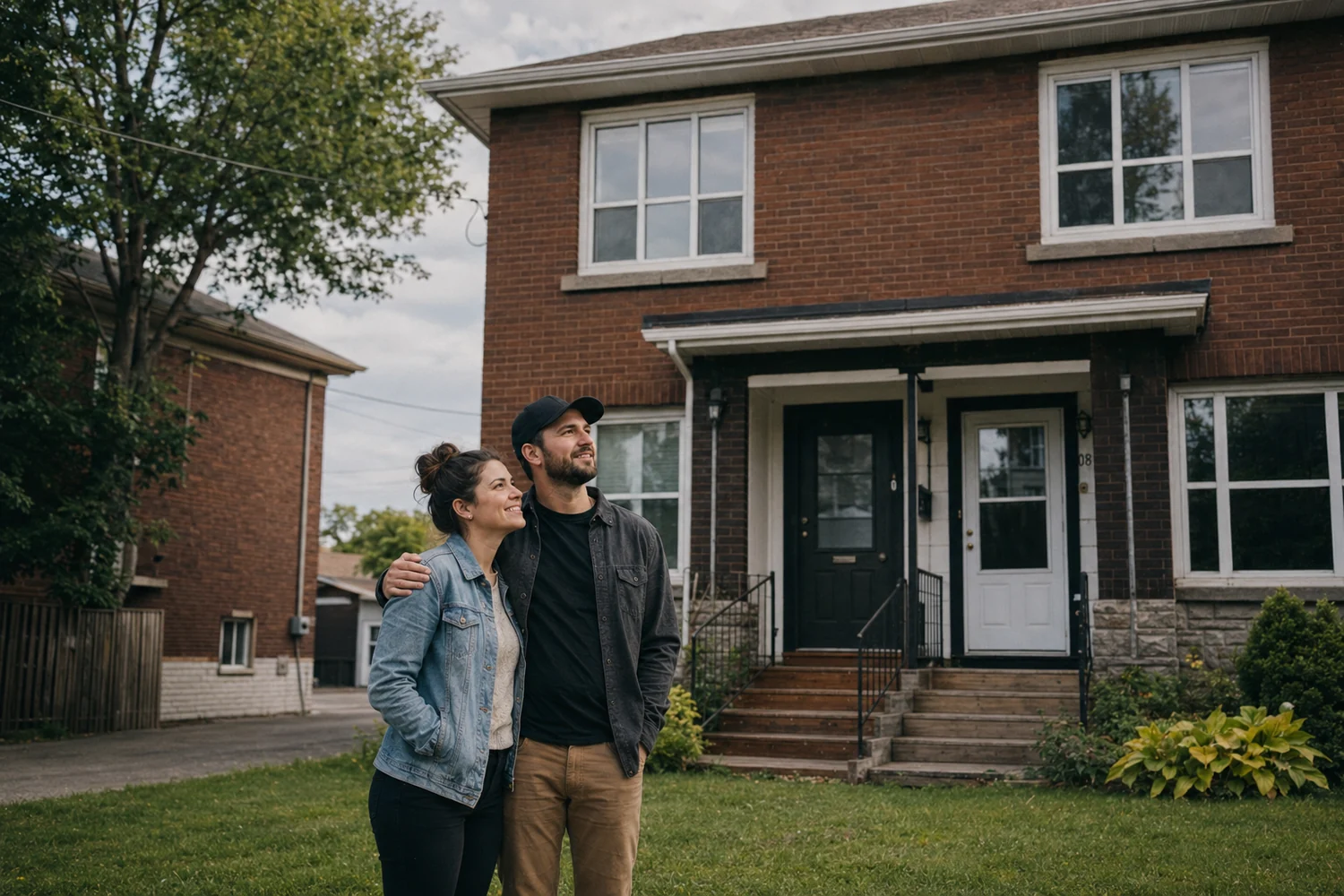 Couple outside their Vanier duplex, an owner-occupied income-property mortgage in east Ottawa